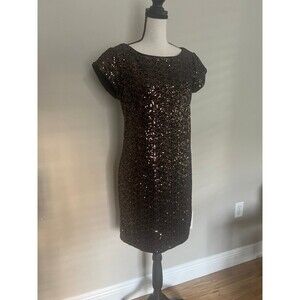 Eliza J Dress Women’s 6 Black Gold Sheath Mini Velvet Sequins Cap Sleeves